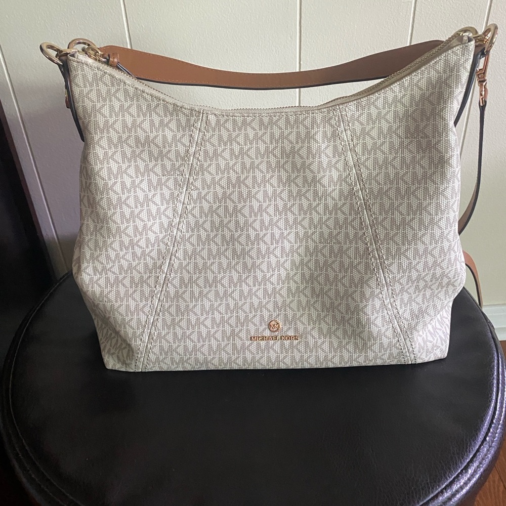 Michael Kors Cream Tan Shoulder Bag with Monogram Print